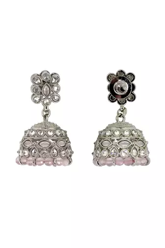 Charming pear and flower shape pink uncut kundan stone silver plated jhumki earring for women
