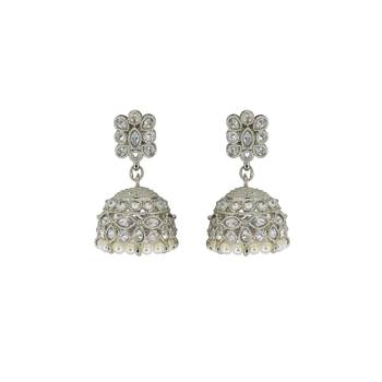 Classy pear and flower shape white uncut kundan stone silver plated jhumki earring for women 1