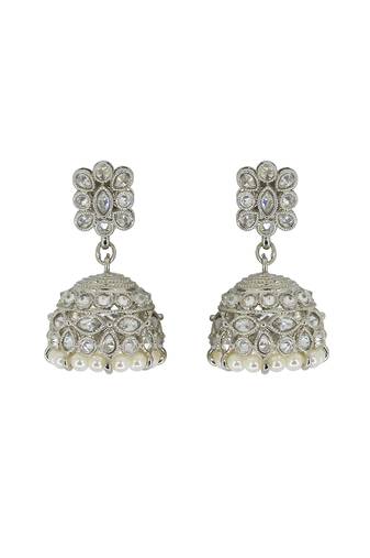 Classy pear and flower shape white uncut kundan stone silver plated jhumki earring for women