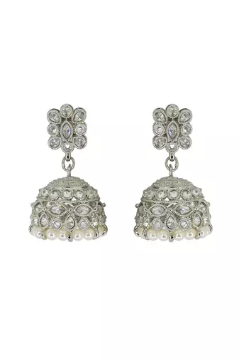 Classy pear and flower shape white uncut kundan stone silver plated jhumki earring for women