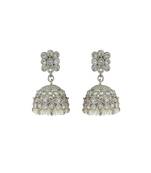 Classy pear and flower shape white uncut kundan stone silver plated jhumki earring for women