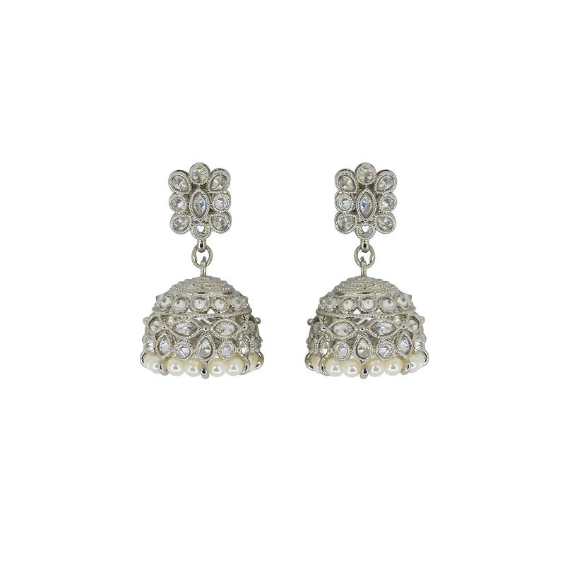 Classy pear and flower shape white uncut kundan stone silver plated jhumki earring for women