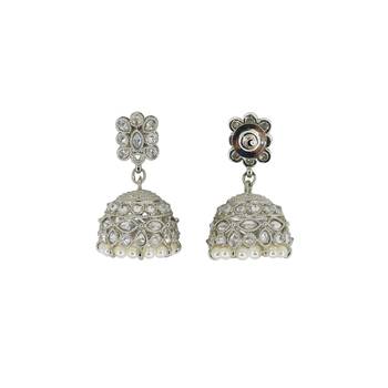 Classy pear and flower shape white uncut kundan stone silver plated jhumki earring for women 2