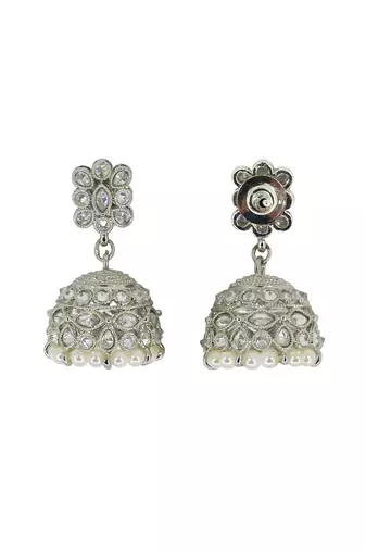 Classy pear and flower shape white uncut kundan stone silver plated jhumki earring for women