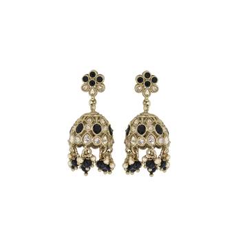 Modish flower shape black uncut kundan stone antique gold plated jhumki earring for women and girls 1