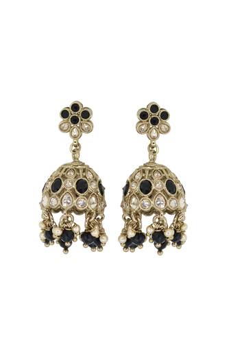 Modish flower shape black uncut kundan stone antique gold plated jhumki earring for women and girls
