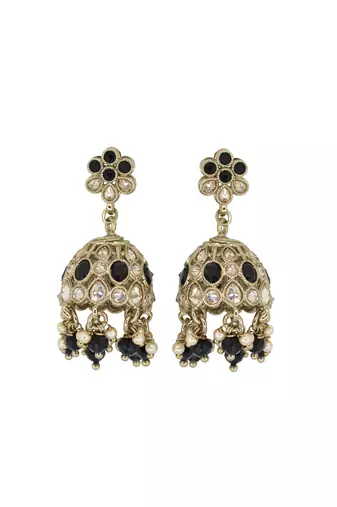 Modish flower shape black uncut kundan stone antique gold plated jhumki earring for women and girls