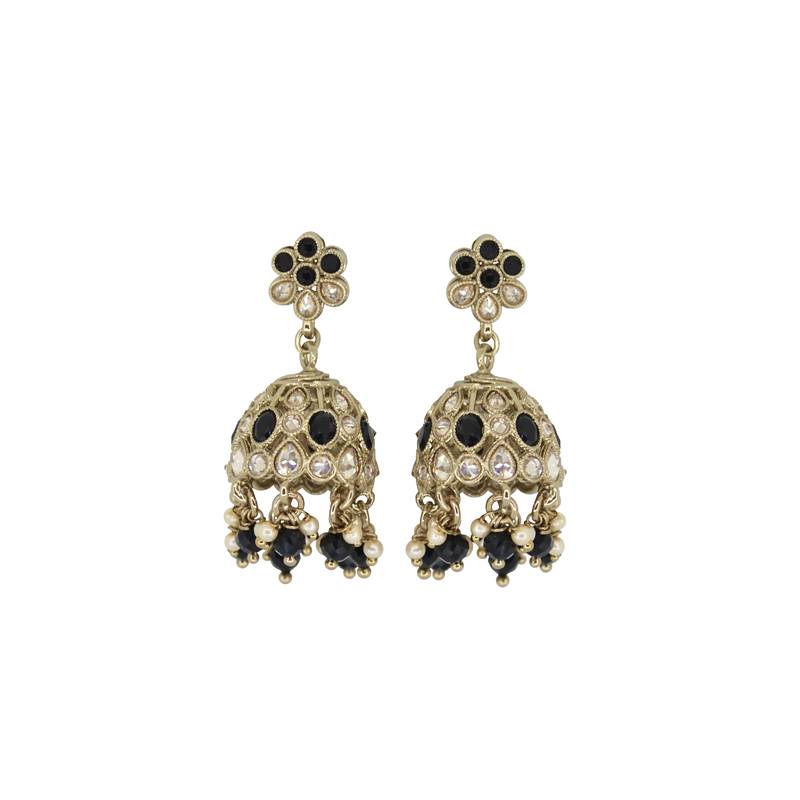 Modish flower shape black uncut kundan stone antique gold plated jhumki earring for women and girls