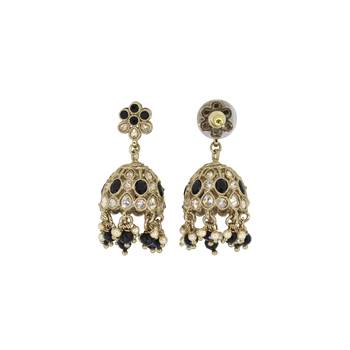 Modish flower shape black uncut kundan stone antique gold plated jhumki earring for women and girls 2
