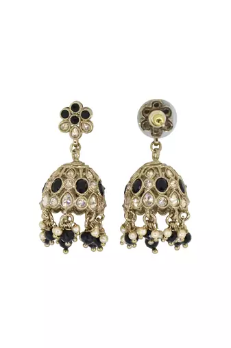 Modish flower shape black uncut kundan stone antique gold plated jhumki earring for women and girls