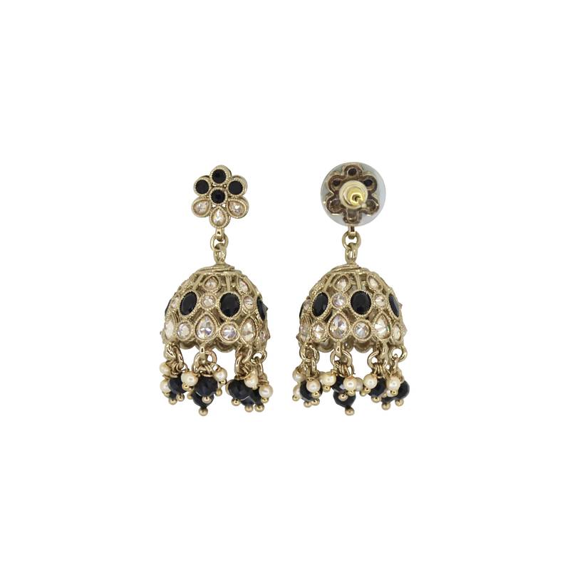 Modish flower shape black uncut kundan stone antique gold plated jhumki earring for women and girls
