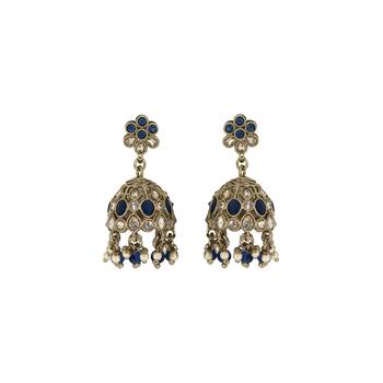 Pleasant flower shape blue uncut kundan stone antique gold plated jhumki earring for women and girls 1