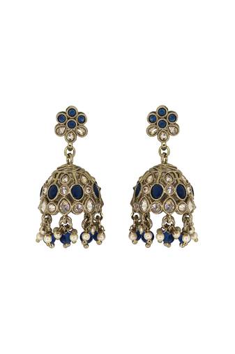 Pleasant flower shape blue uncut kundan stone antique gold plated jhumki earring for women and girls