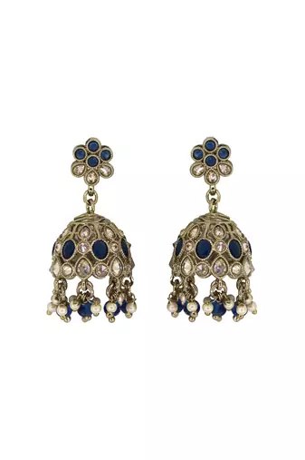 Pleasant flower shape blue uncut kundan stone antique gold plated jhumki earring for women and girls