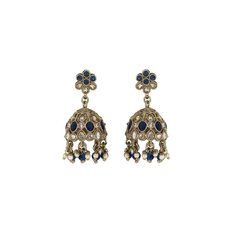 Pleasant flower shape blue uncut kundan stone antique gold plated jhumki earring for women and girls