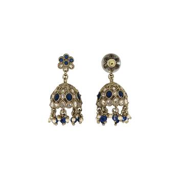 Pleasant flower shape blue uncut kundan stone antique gold plated jhumki earring for women and girls 2