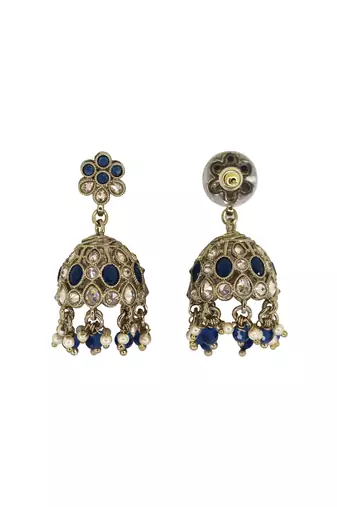 Pleasant flower shape blue uncut kundan stone antique gold plated jhumki earring for women and girls