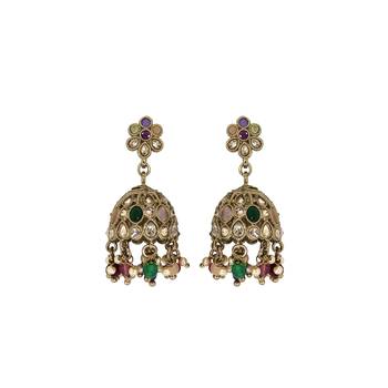 Pleasing flower shape multi uncut kundan stone antique gold plated jhumki earring for women 1