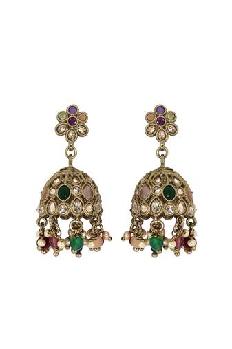 Pleasing flower shape multi uncut kundan stone antique gold plated jhumki earring for women