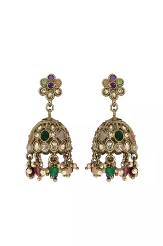 Pleasing flower shape multi uncut kundan stone antique gold plated jhumki earring for women