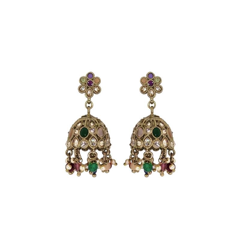 Pleasing flower shape multi uncut kundan stone antique gold plated jhumki earring for women