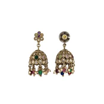 Pleasing flower shape multi uncut kundan stone antique gold plated jhumki earring for women 2