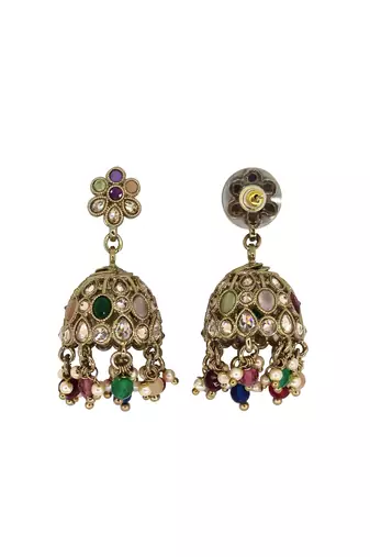 Pleasing flower shape multi uncut kundan stone antique gold plated jhumki earring for women