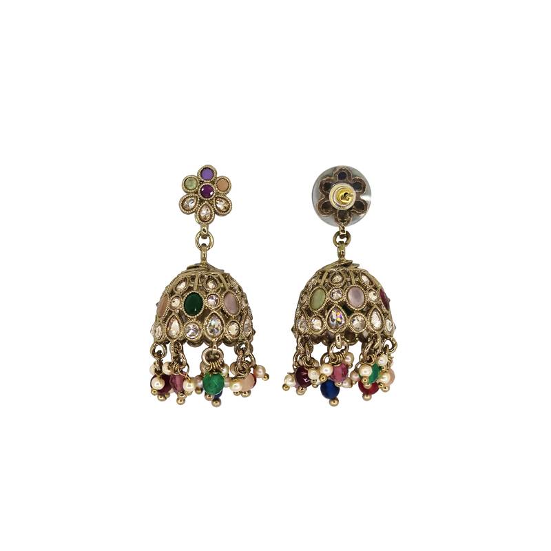 Pleasing flower shape multi uncut kundan stone antique gold plated jhumki earring for women