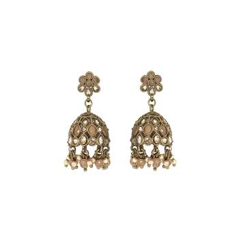 Pretty flower shape peach uncut kundan stone antique gold plated jhumki earring for women and girls 1
