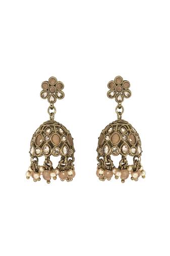 Pretty flower shape peach uncut kundan stone antique gold plated jhumki earring for women and girls