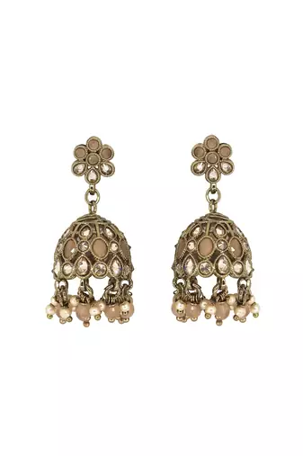 Pretty flower shape peach uncut kundan stone antique gold plated jhumki earring for women and girls