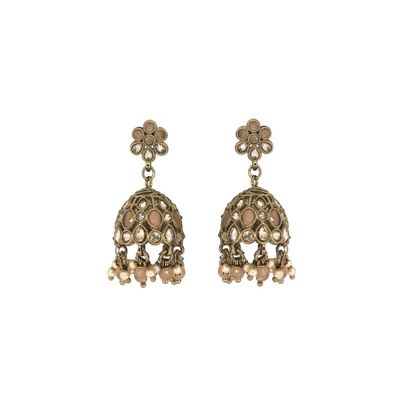 Pretty flower shape peach uncut kundan stone antique gold plated jhumki earring for women and girls
