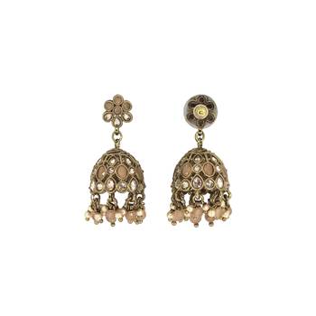 Pretty flower shape peach uncut kundan stone antique gold plated jhumki earring for women and girls 2