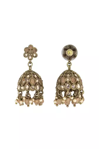 Pretty flower shape peach uncut kundan stone antique gold plated jhumki earring for women and girls
