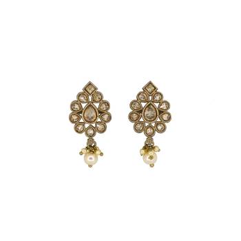 brown alloy jhumki earrings with uncut kundan work 1
