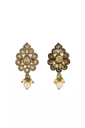 brown alloy jhumki earrings with uncut kundan work