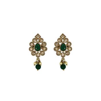Lovely oval shape green uncut kundan stone antique gold plated jhumki earring for women and girls 1