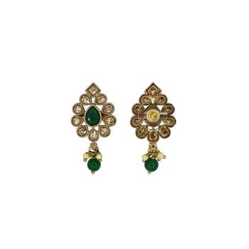 Lovely oval shape green uncut kundan stone antique gold plated jhumki earring for women and girls 2