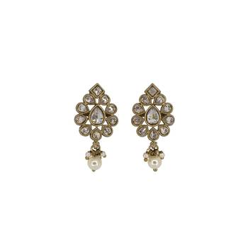 Luxurious oval shape white uncut kundan stone antique gold plated jhumki earring for women and girls 1