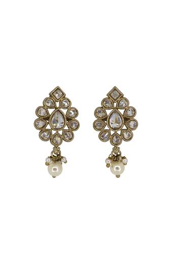 Luxurious oval shape white uncut kundan stone antique gold plated jhumki earring for women and girls