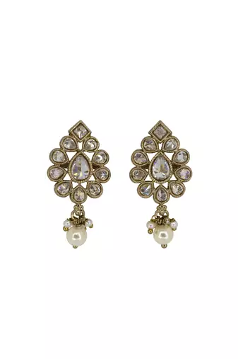 Luxurious oval shape white uncut kundan stone antique gold plated jhumki earring for women and girls