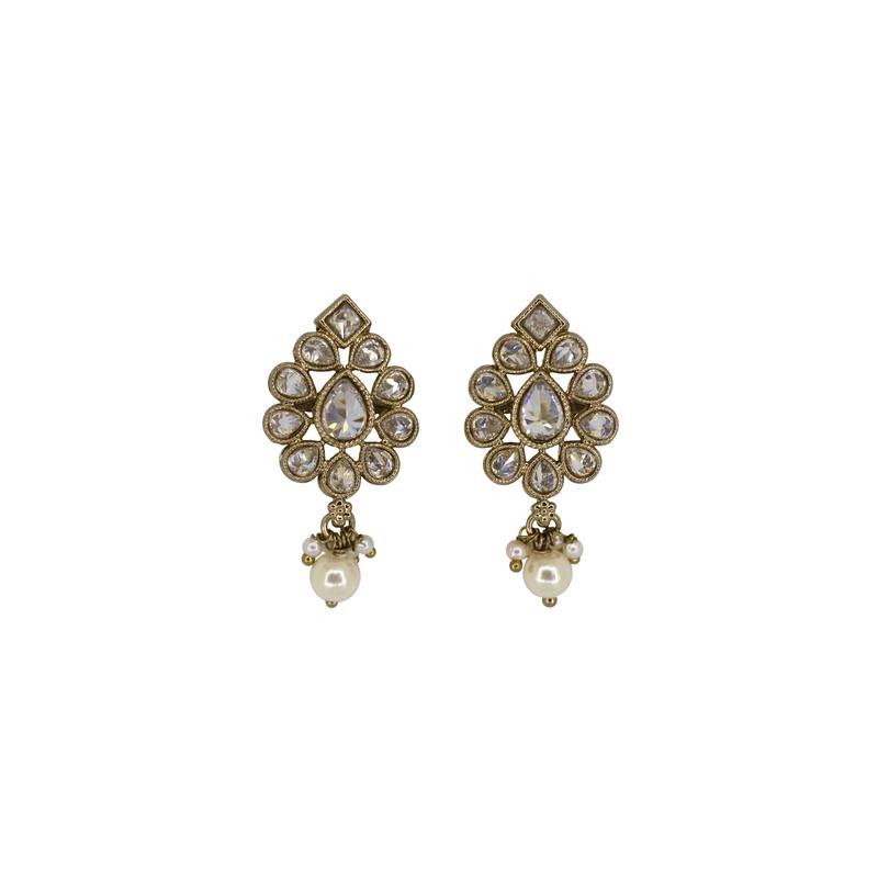 Luxurious oval shape white uncut kundan stone antique gold plated jhumki earring for women and girls