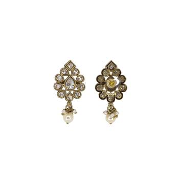 Luxurious oval shape white uncut kundan stone antique gold plated jhumki earring for women and girls 2