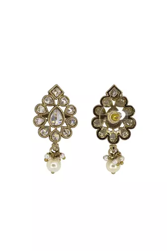 Luxurious oval shape white uncut kundan stone antique gold plated jhumki earring for women and girls