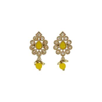 Marvellous oval shape yellow uncut kundan stone antique gold plated jhumki earring for women 1