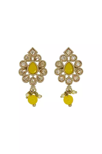 Marvellous oval shape yellow uncut kundan stone antique gold plated jhumki earring for women