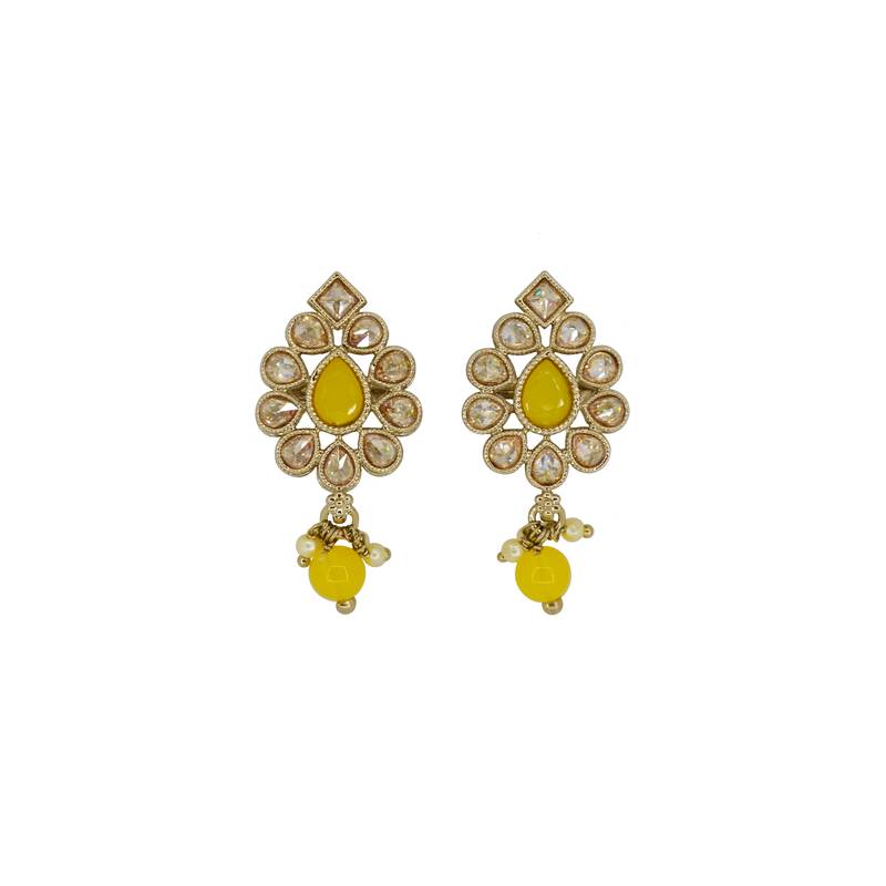 Marvellous oval shape yellow uncut kundan stone antique gold plated jhumki earring for women