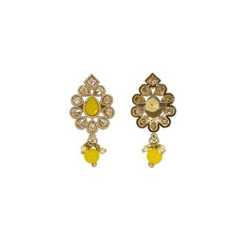 Marvellous oval shape yellow uncut kundan stone antique gold plated jhumki earring for women 2