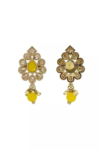 Marvellous oval shape yellow uncut kundan stone antique gold plated jhumki earring for women