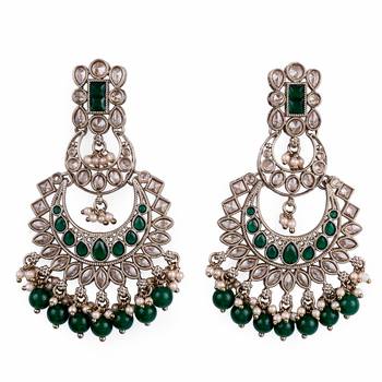 Pear chandelier shape mother of pearl green uncut kundan stone antique gold plated earring for women 1